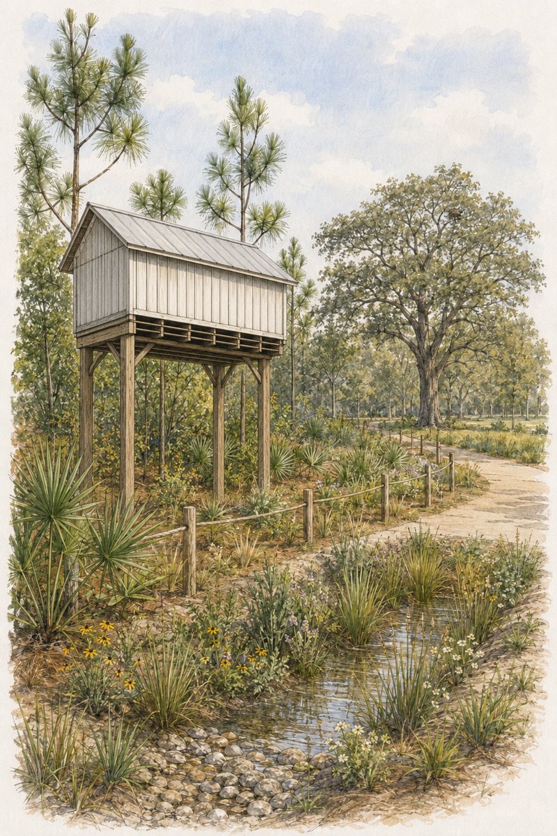 Concept illustration of a raised bat shelter in woodland.