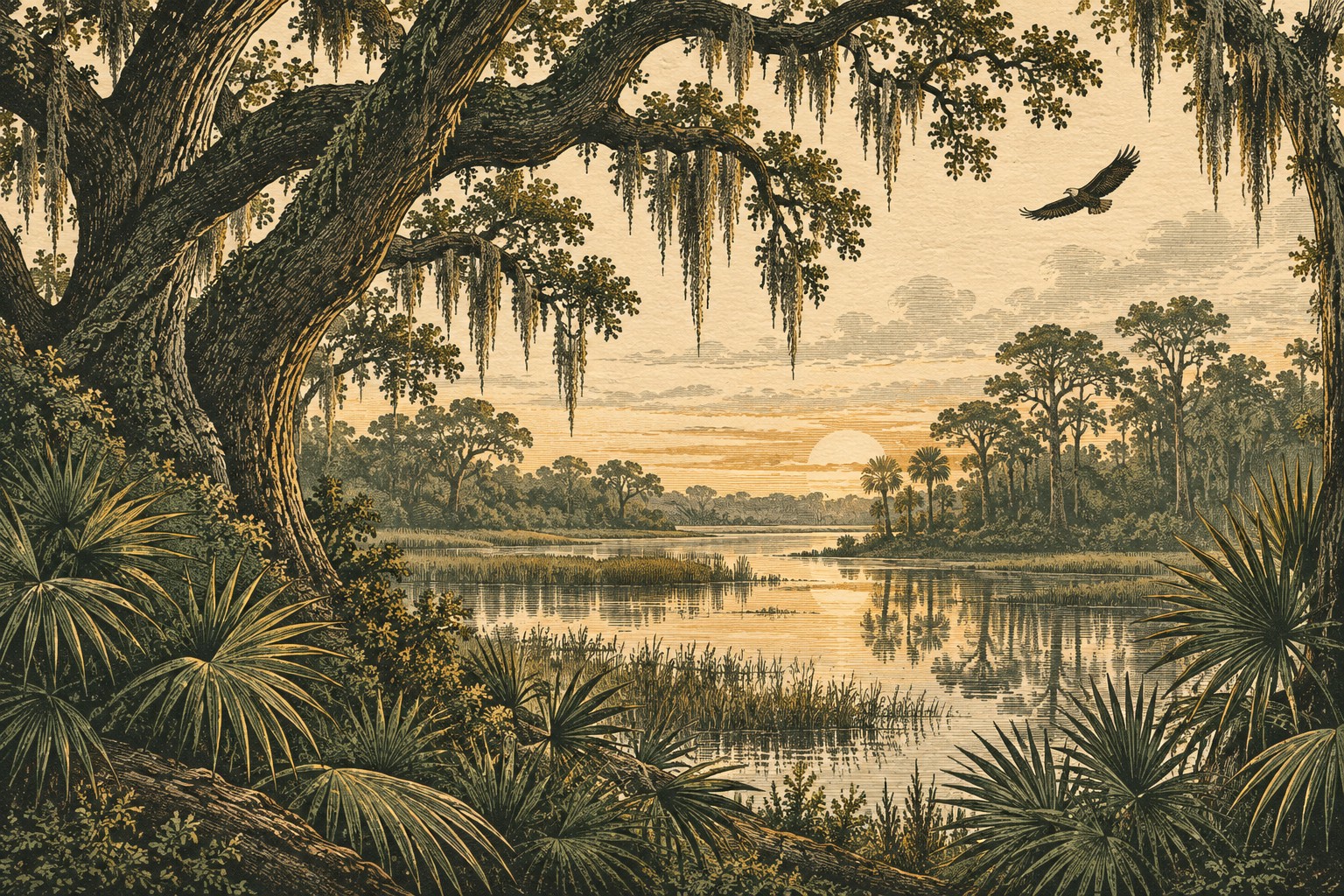 Illustrated woodland and water.